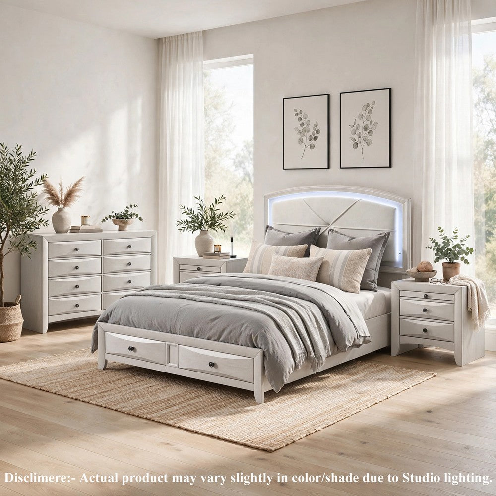 Queen Bedroom Set, Antique White Zinc, 4pc w 2 Nightstands, Dresser