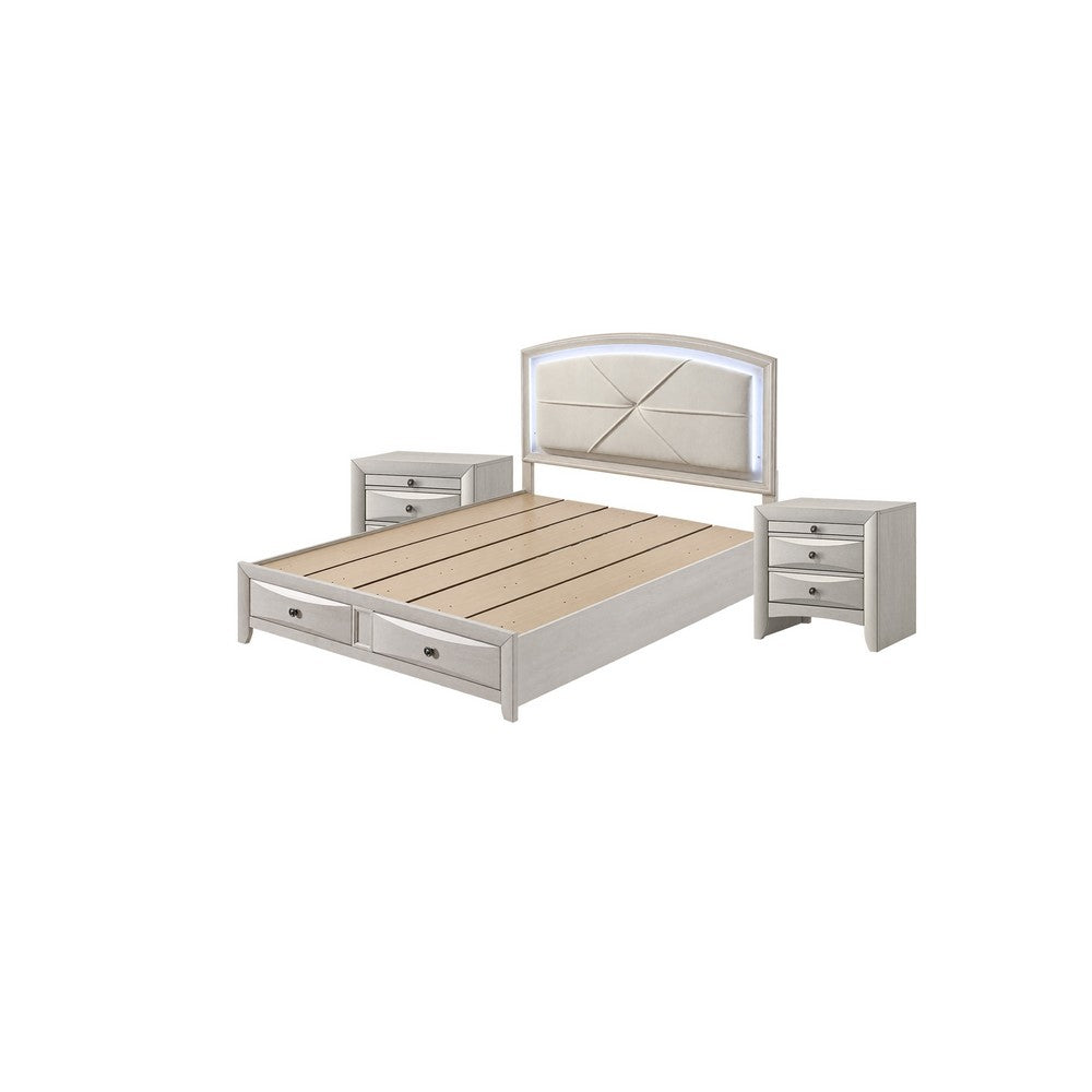 Queen Bedroom Set, Storage, Antique White Zinc, 3pc w 2 Nightstands