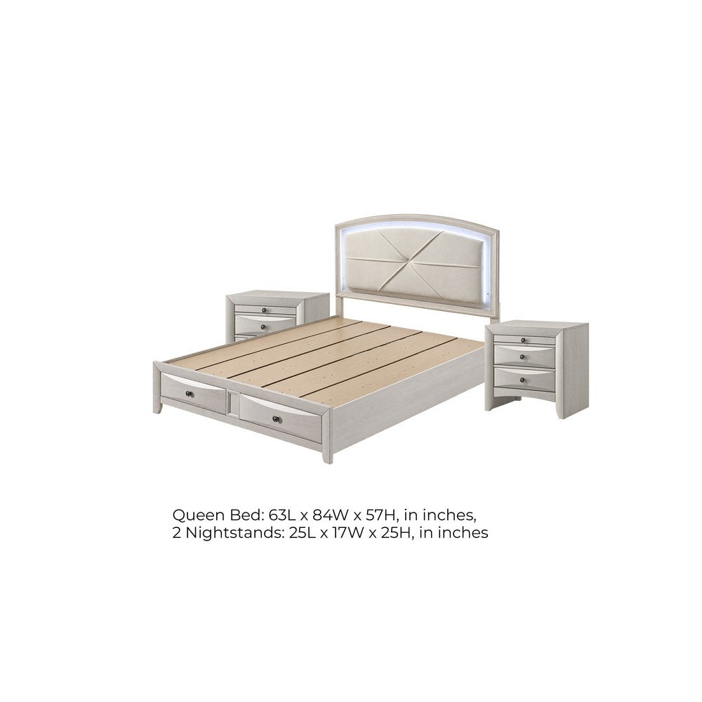 Queen Bedroom Set, Storage, Antique White Zinc, 3pc w 2 Nightstands
