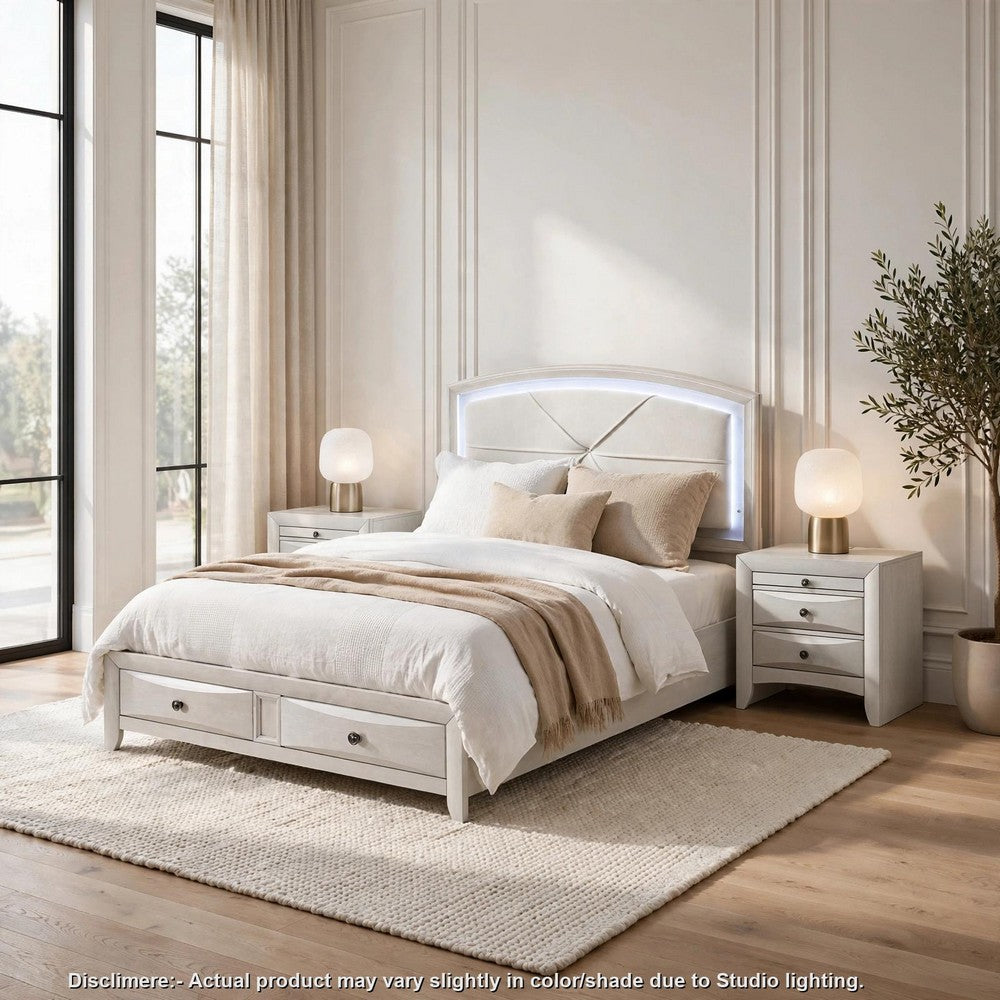 Queen Bedroom Set, Storage, Antique White Zinc, 3pc w 2 Nightstands