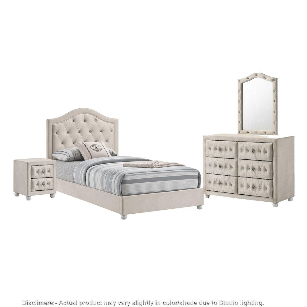 Full Bedroom Set, Upholstered Storage Design, Beige, 4pc w NS, Dresser