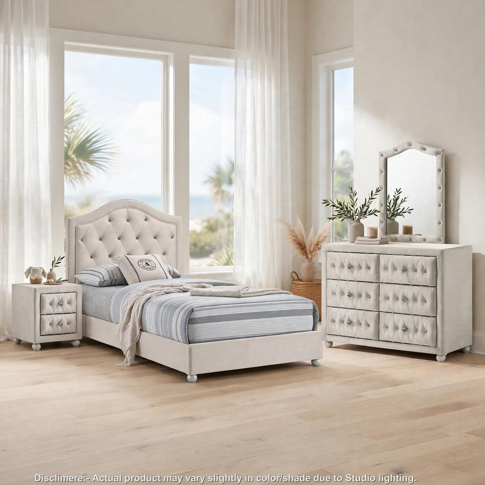 Full Bedroom Set, Upholstered Storage Design, Beige, 4pc w NS, Dresser
