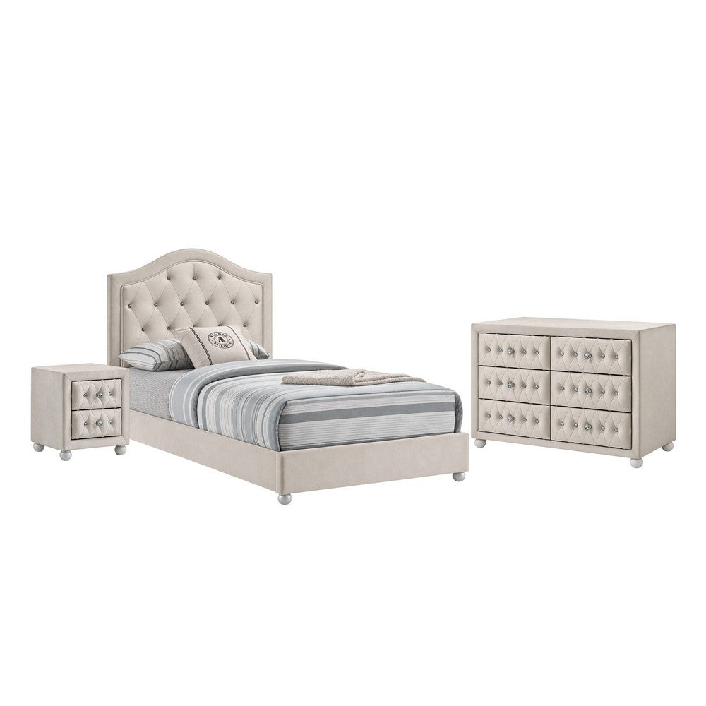 Full Bedroom Set, Upholstered Storage Design, Beige, 3pc w NS, Dresser