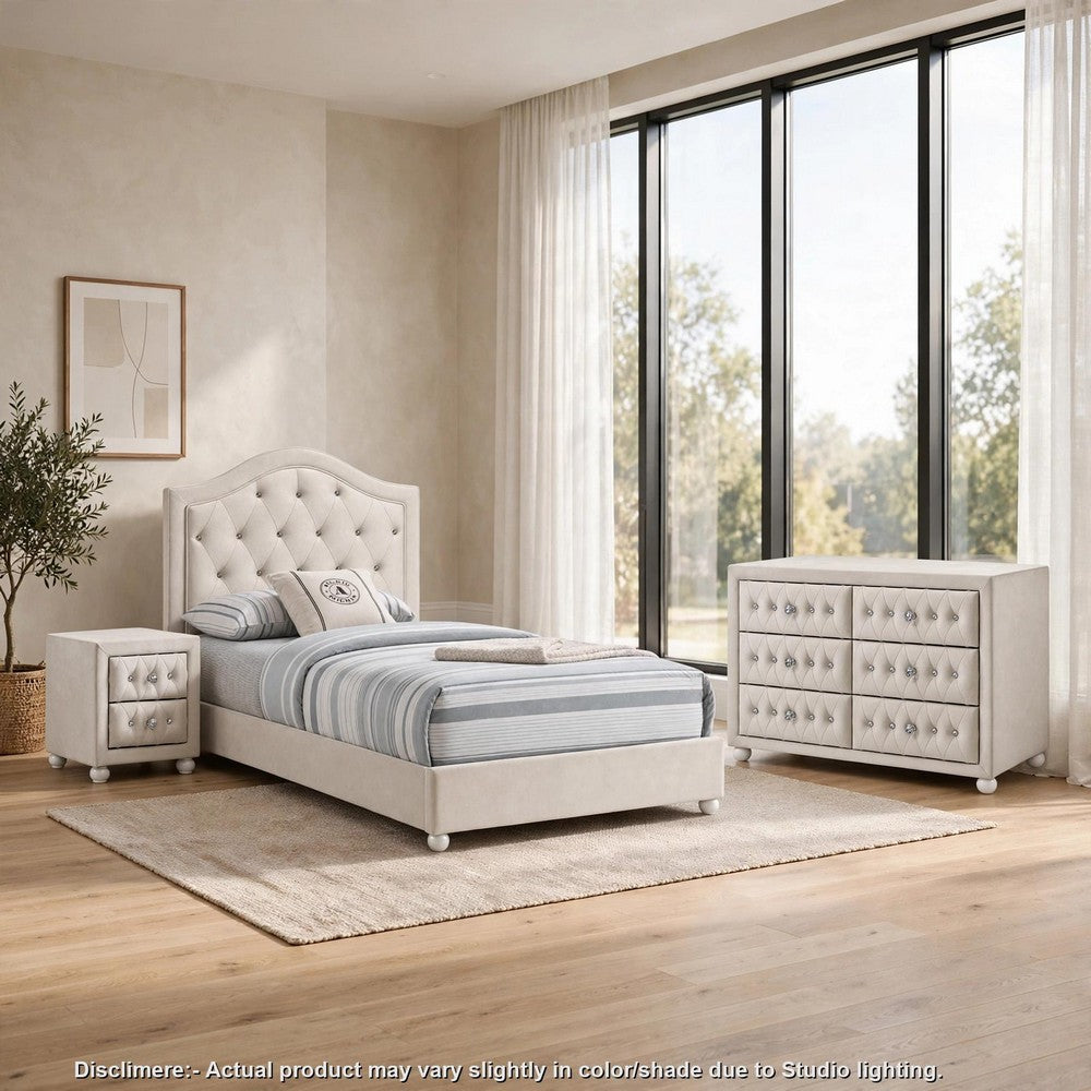 Full Bedroom Set, Upholstered Storage Design, Beige, 3pc w NS, Dresser