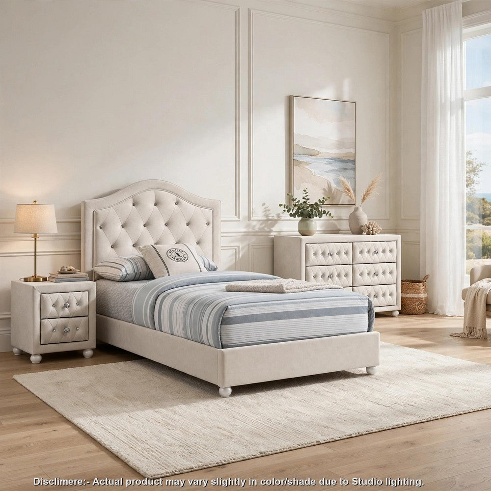 Full Bedroom Set, Upholstered Storage Design, Beige, 3pc w NS, Dresser