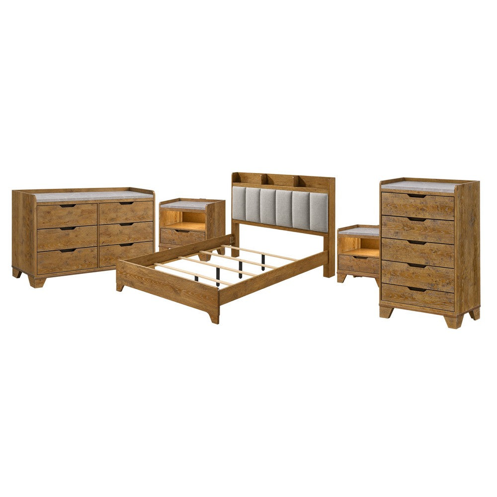 King Bedroom Set, Light Aspen Brown, 5pc w 2 NS, Dresser and Chest