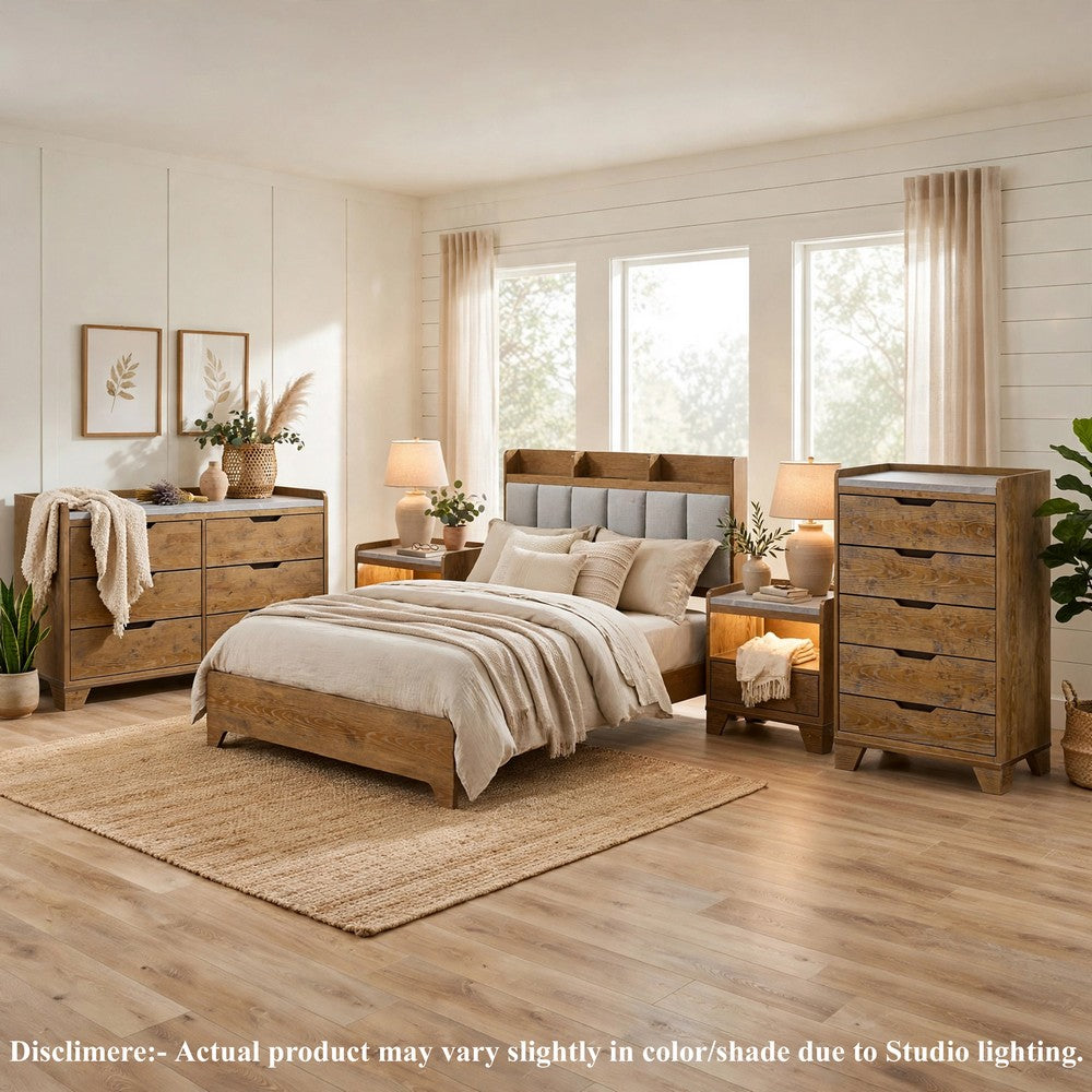 King Bedroom Set, Light Aspen Brown, 5pc w 2 NS, Dresser and Chest