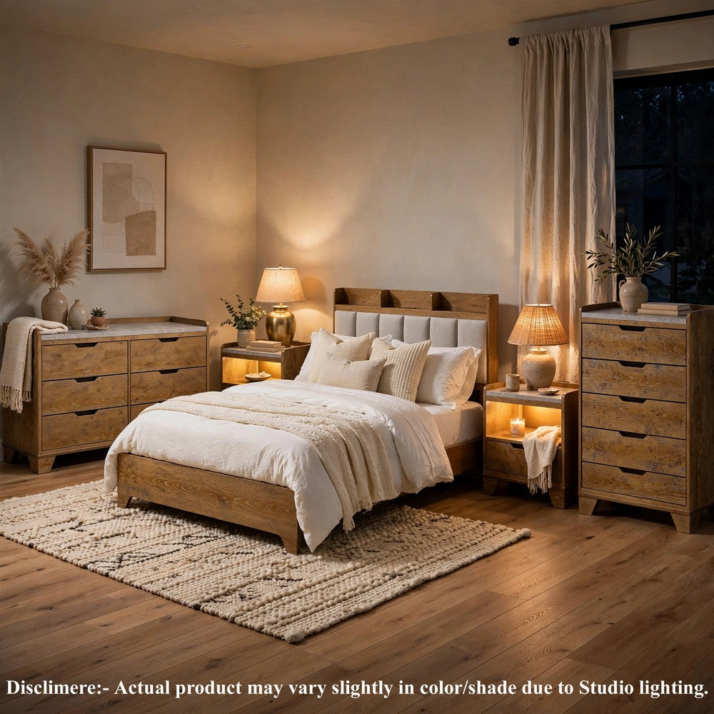 King Bedroom Set, Light Aspen Brown, 5pc w 2 NS, Dresser and Chest