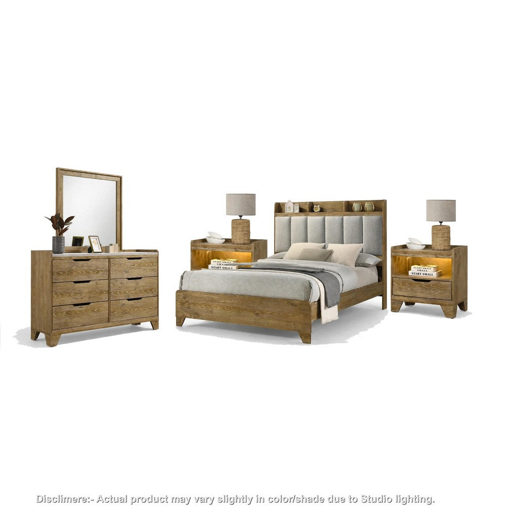 King Bedroom Set, Light Aspen Brown, 5pc w 2 NS, Dresser, Mirror