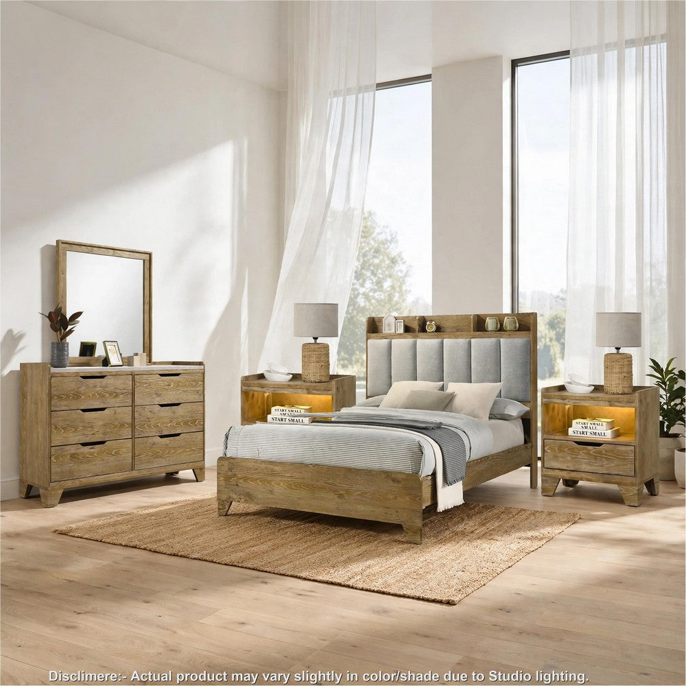 King Bedroom Set, Light Aspen Brown, 5pc w 2 NS, Dresser, Mirror