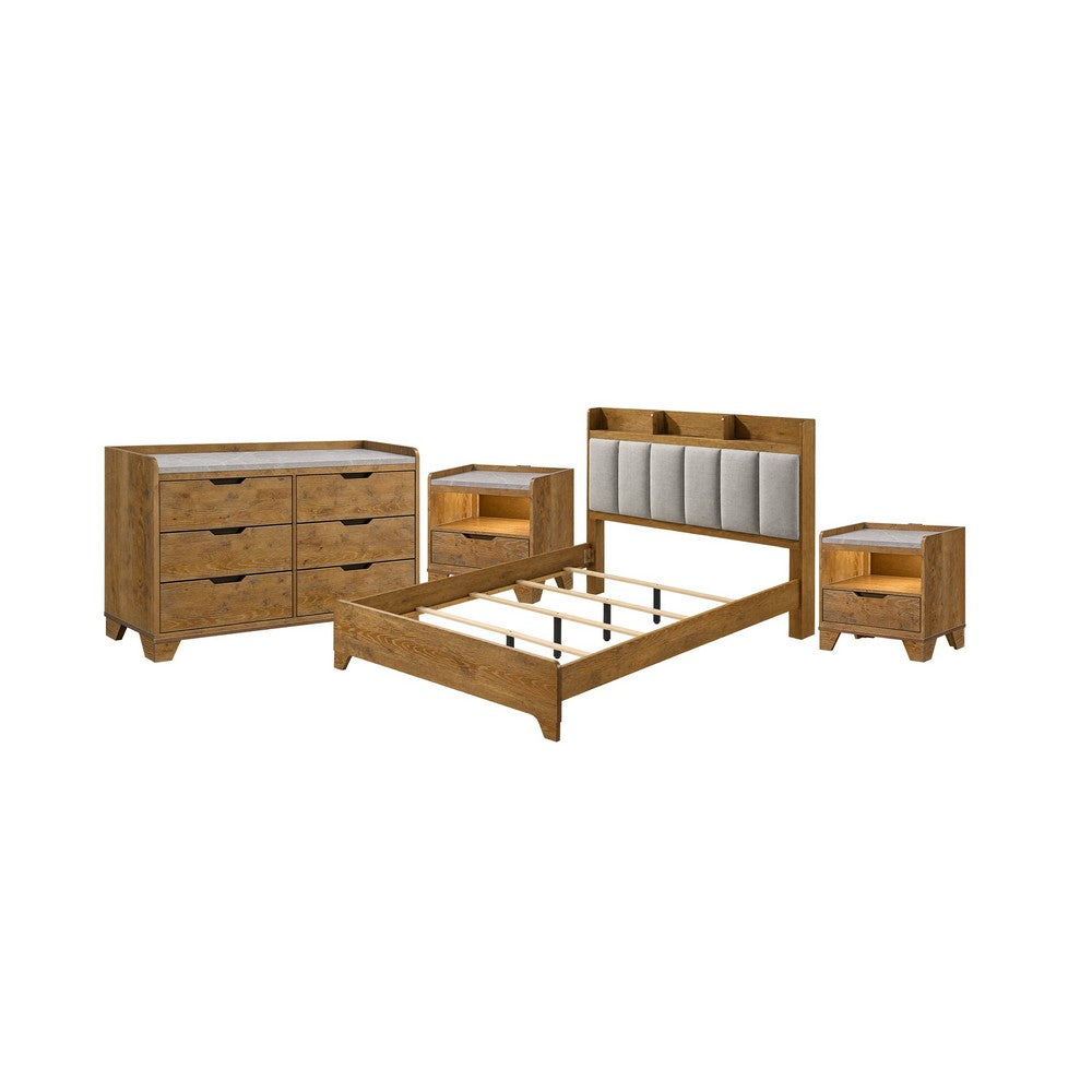 King Bedroom Set, Light Aspen Brown Gray, 4pc w 2 Nightstands, Dresser