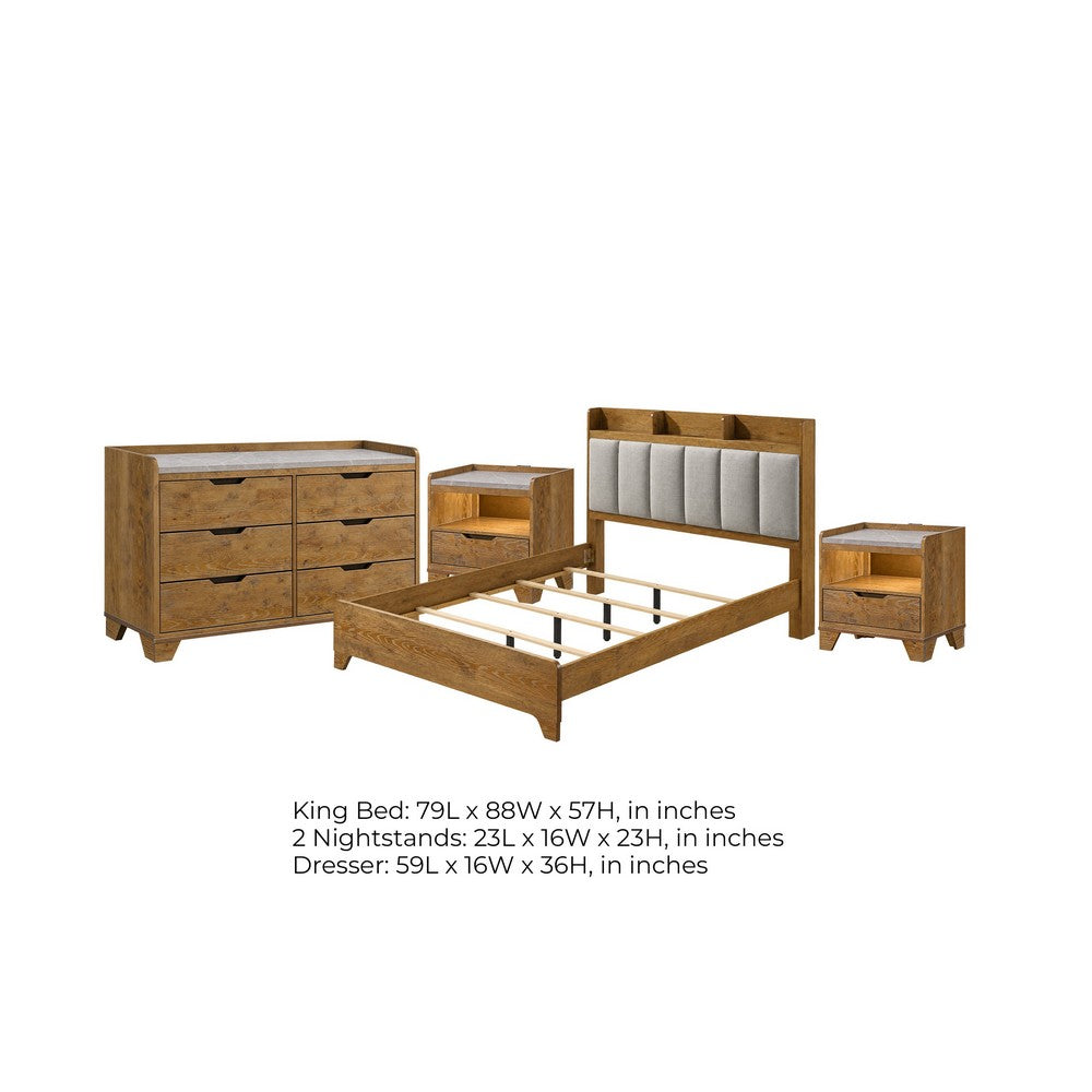 King Bedroom Set, Light Aspen Brown Gray, 4pc w 2 Nightstands, Dresser