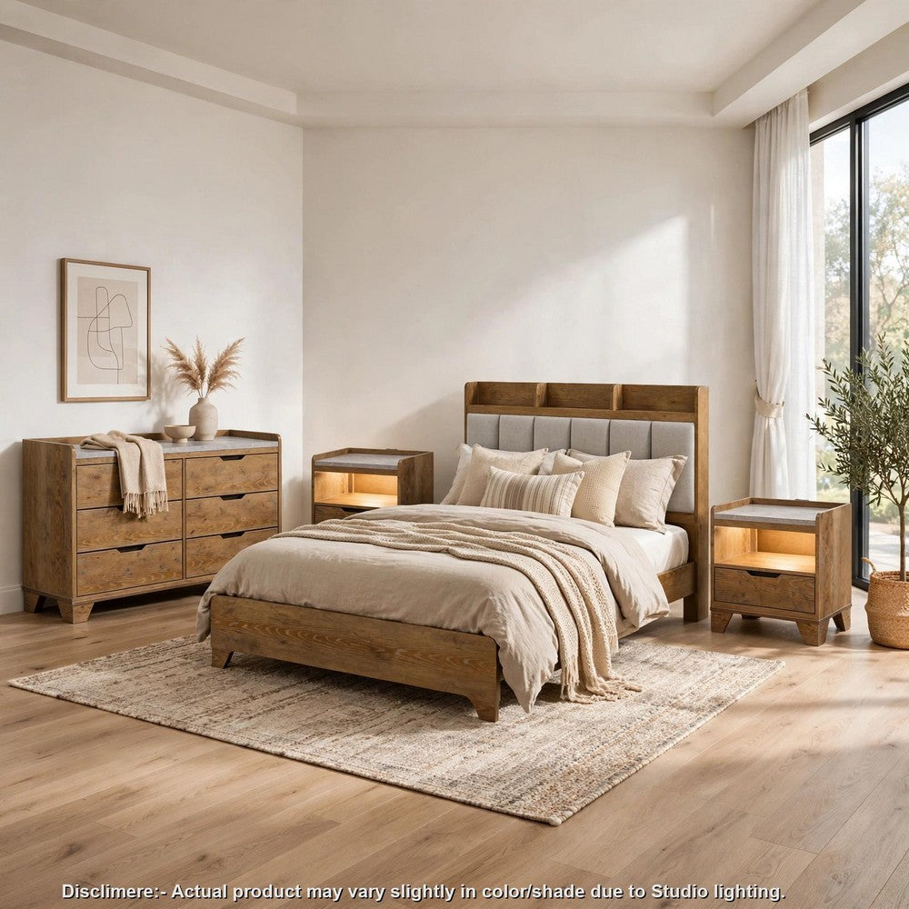 King Bedroom Set, Light Aspen Brown Gray, 4pc w 2 Nightstands, Dresser
