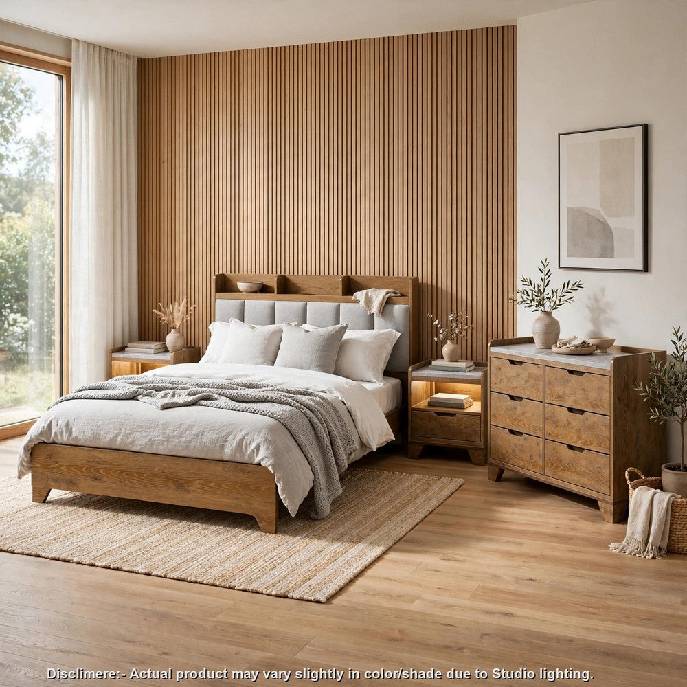 King Bedroom Set, Light Aspen Brown Gray, 4pc w 2 Nightstands, Dresser