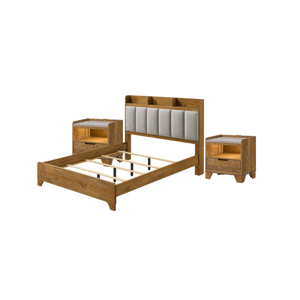 King Bedroom Set, Light Aspen Brown Gray, 3pc w 2 Nightstands