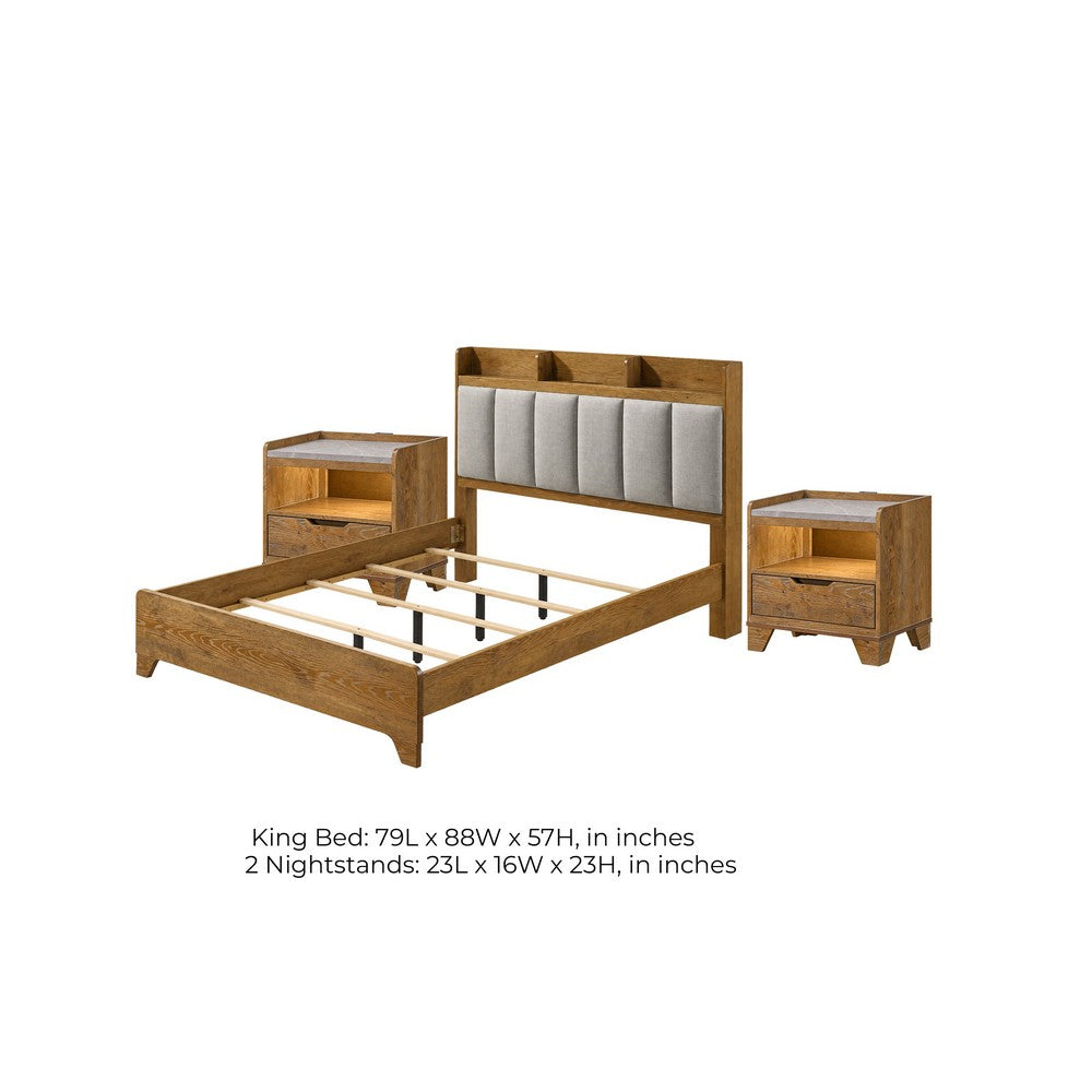 King Bedroom Set, Light Aspen Brown Gray, 3pc w 2 Nightstands