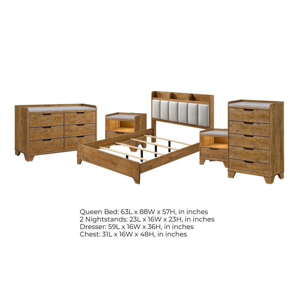 Queen Bedroom Set, Light Aspen Brown Gray, 5pc w 2 Nightstands, Chest