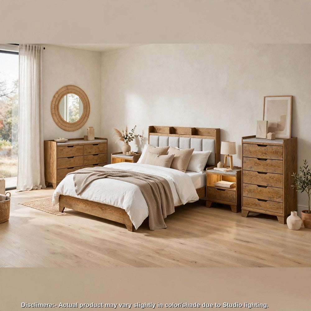 Queen Bedroom Set, Light Aspen Brown Gray, 5pc w 2 Nightstands, Chest