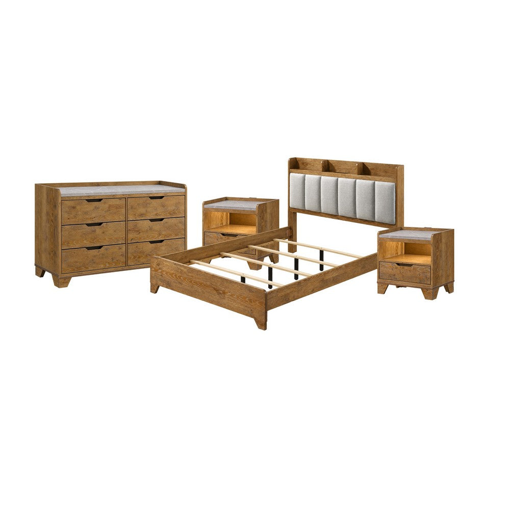 Queen Bedroom Set, Light Aspen Brown Gray, 4pc w 2 Nightstands, Dresser
