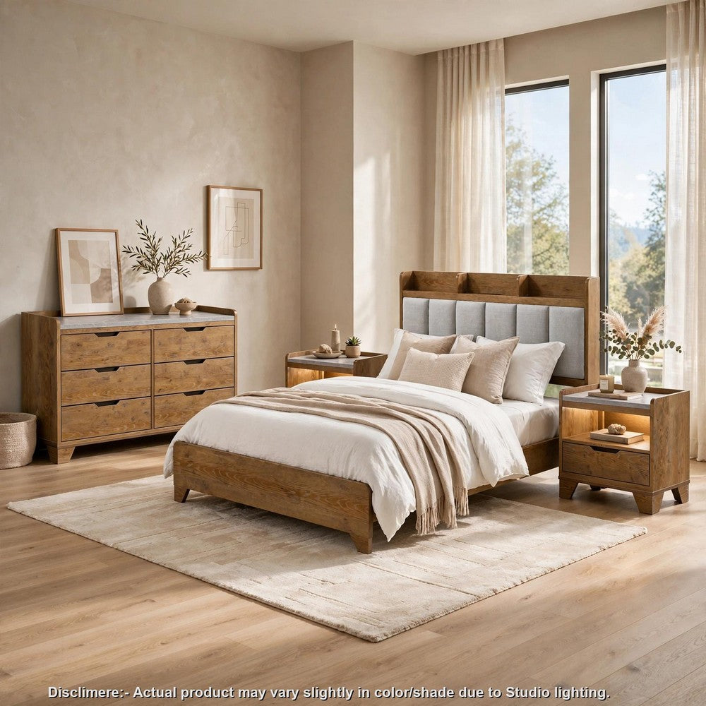 Queen Bedroom Set, Light Aspen Brown Gray, 4pc w 2 Nightstands, Dresser