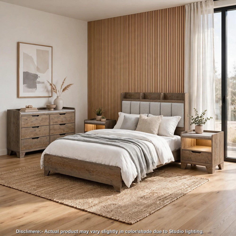 Queen Bedroom Set, Light Aspen Brown Gray, 4pc w 2 Nightstands, Dresser