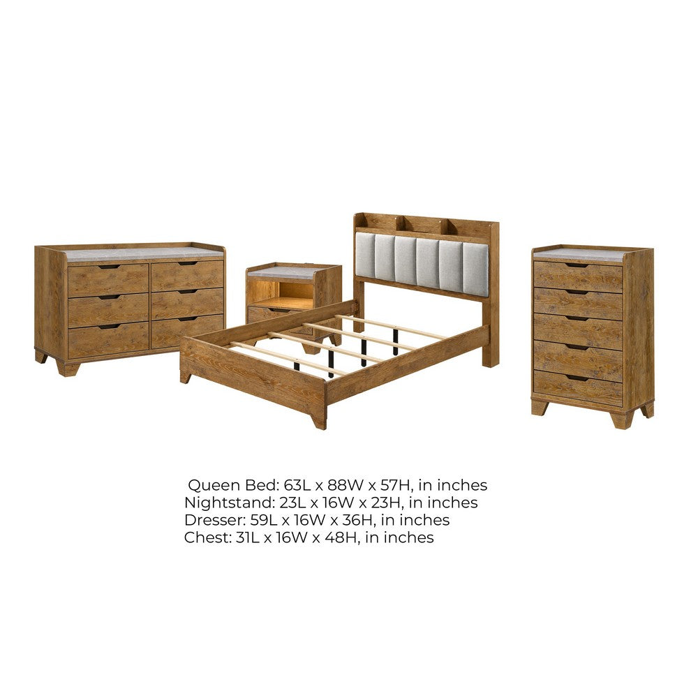 Queen Bedroom Set, Light Aspen Brown Gray, 4pc w Nightstand, Dresser