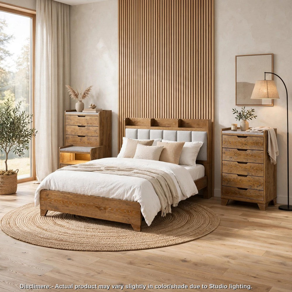 Queen Bedroom Set, Light Aspen Brown Gray, 4pc w Nightstand, Dresser