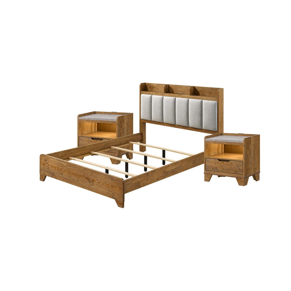 Queen Bedroom Set, Light Aspen Brown Gray, 3pc w 2 Nightstands