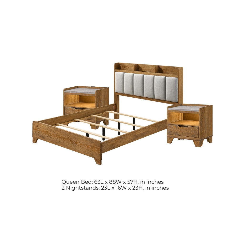 Queen Bedroom Set, Light Aspen Brown Gray, 3pc w 2 Nightstands