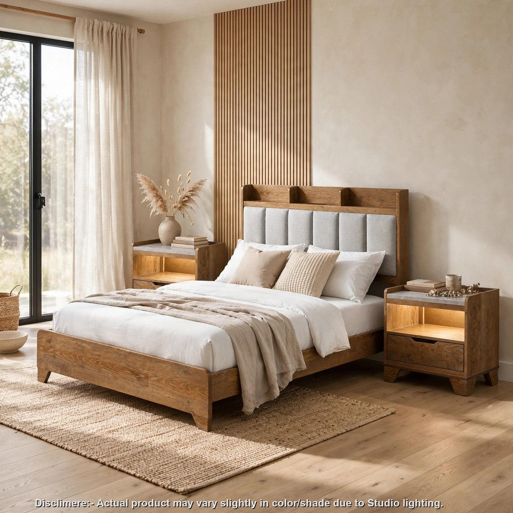Queen Bedroom Set, Light Aspen Brown Gray, 3pc w 2 Nightstands