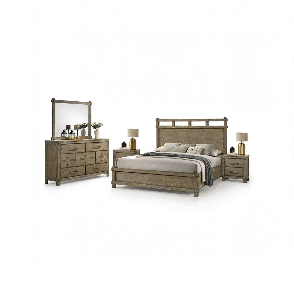 Queen Bedroom Set, Panel Design, Antique Oak Brown, 5pc w 2 Nighstands