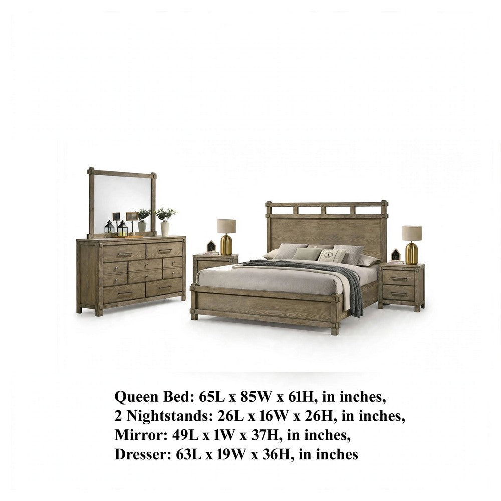 Queen Bedroom Set, Panel Design, Antique Oak Brown, 5pc w 2 Nighstands