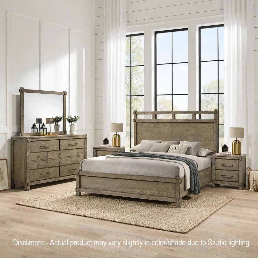 Queen Bedroom Set, Panel Design, Antique Oak Brown, 5pc w 2 Nighstands