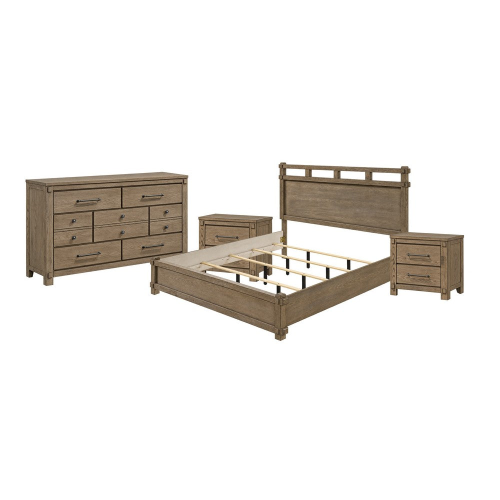 Queen Bedroom Set, Panel Design, Antique Oak Brown, 4pc w 2 Nighstands
