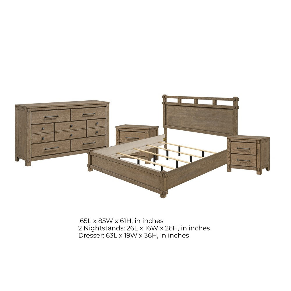 Queen Bedroom Set, Panel Design, Antique Oak Brown, 4pc w 2 Nighstands