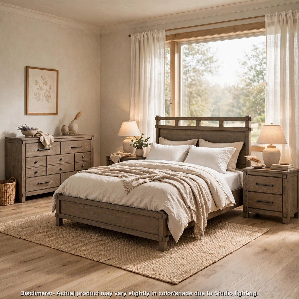 Queen Bedroom Set, Panel Design, Antique Oak Brown, 4pc w 2 Nighstands