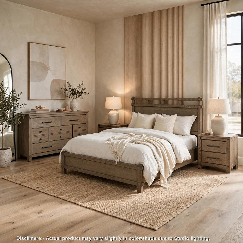 Queen Bedroom Set, Panel Design, Antique Oak Brown, 4pc w 2 Nighstands