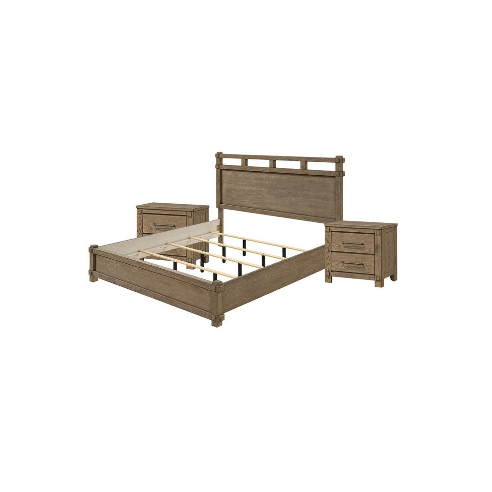 Queen Bedroom Set, Panel Design, Antique Oak Brown, 3pc w 2 NS
