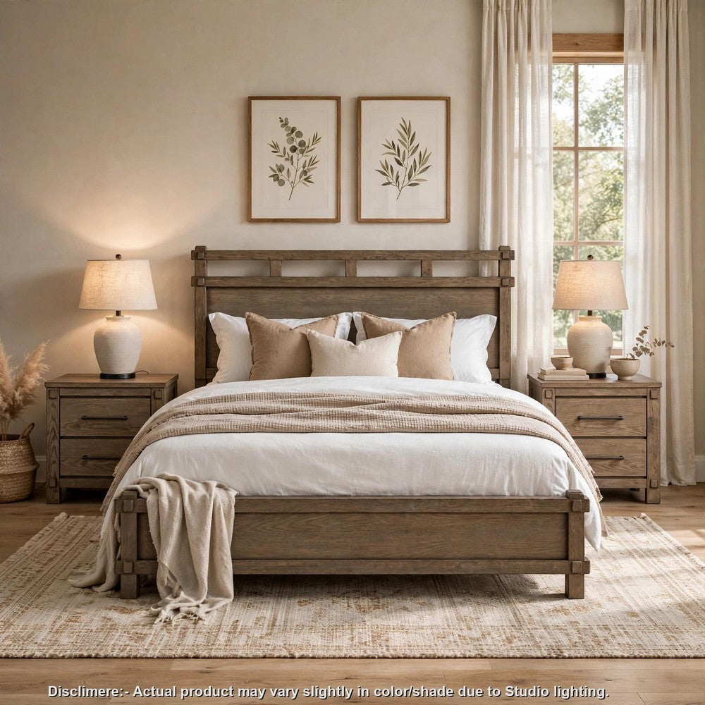 Queen Bedroom Set, Panel Design, Antique Oak Brown, 3pc w 2 NS
