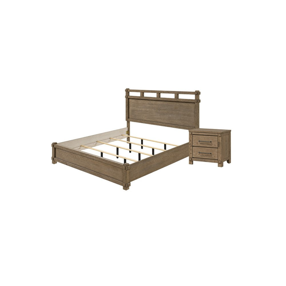 Queen Bedroom Set, Panel Design, Antique Oak Brown, 2pc w NS