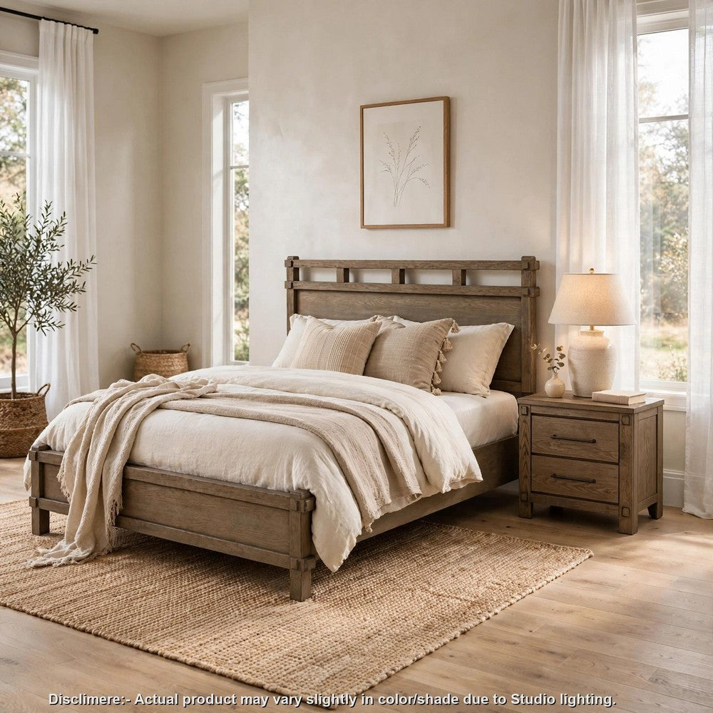 Queen Bedroom Set, Panel Design, Antique Oak Brown, 2pc w NS