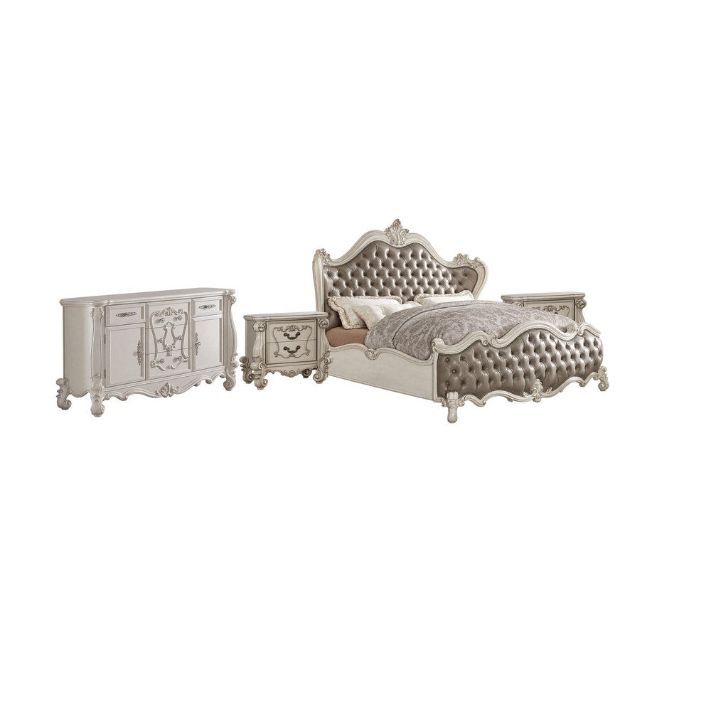 King Bedroom Set, Gray White, 4pc w 2 Nightstands, Dresser