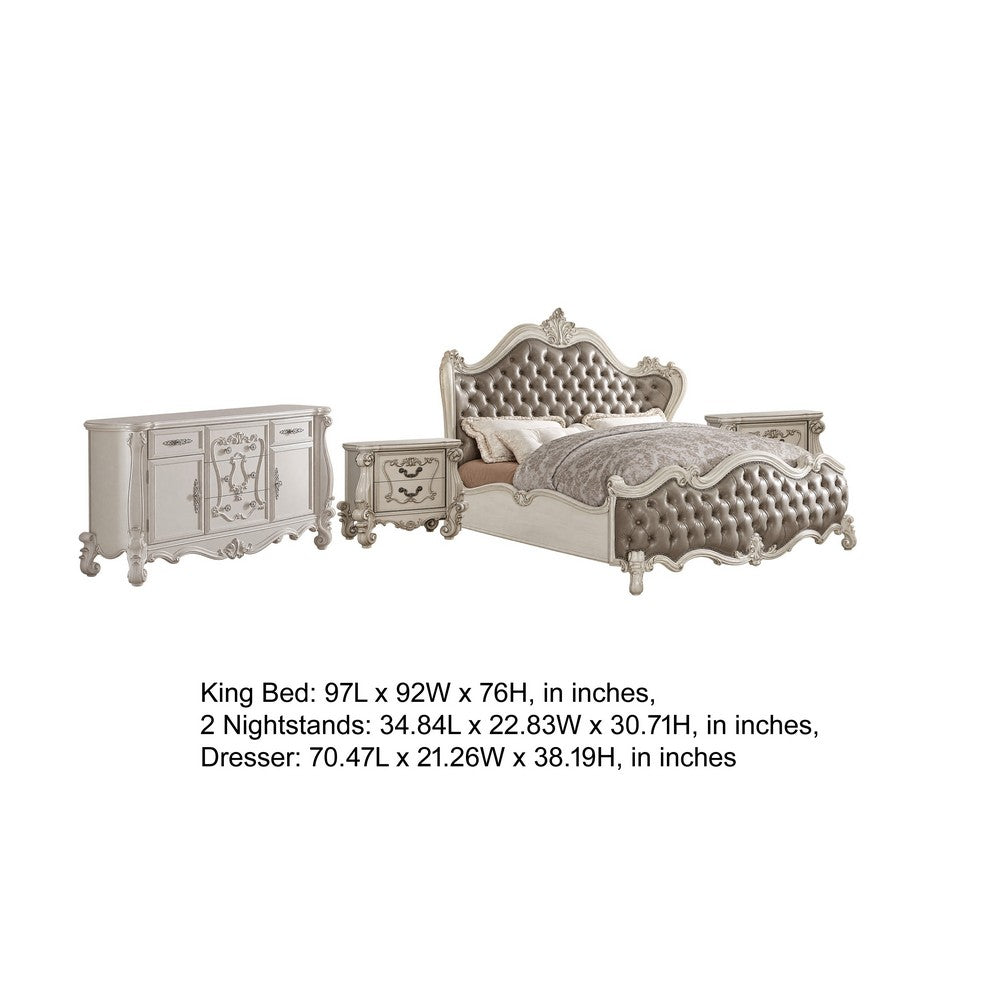 King Bedroom Set, Gray White, 4pc w 2 Nightstands, Dresser