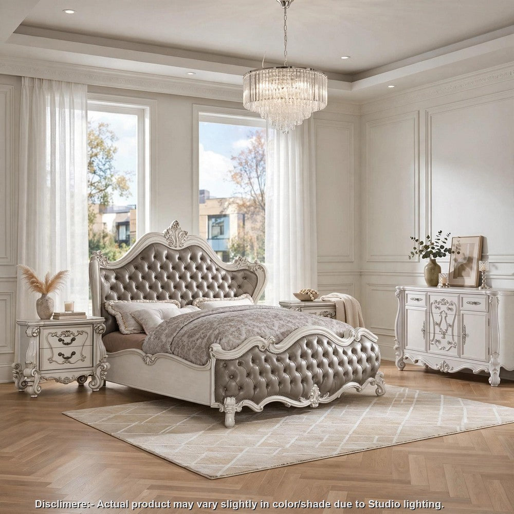 King Bedroom Set, Gray White, 4pc w 2 Nightstands, Dresser