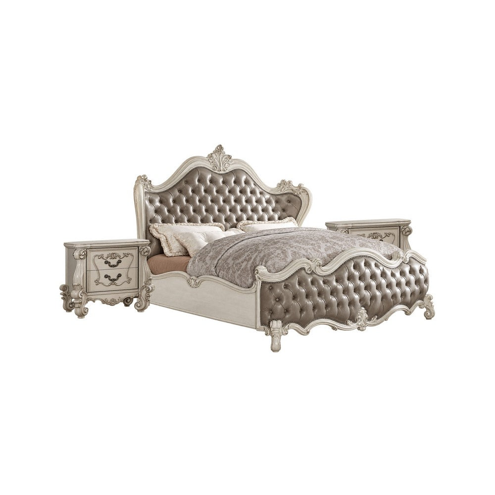 King Bedroom Set | Upholstered Design | Gray White | 3pc w 2 Nightst&s