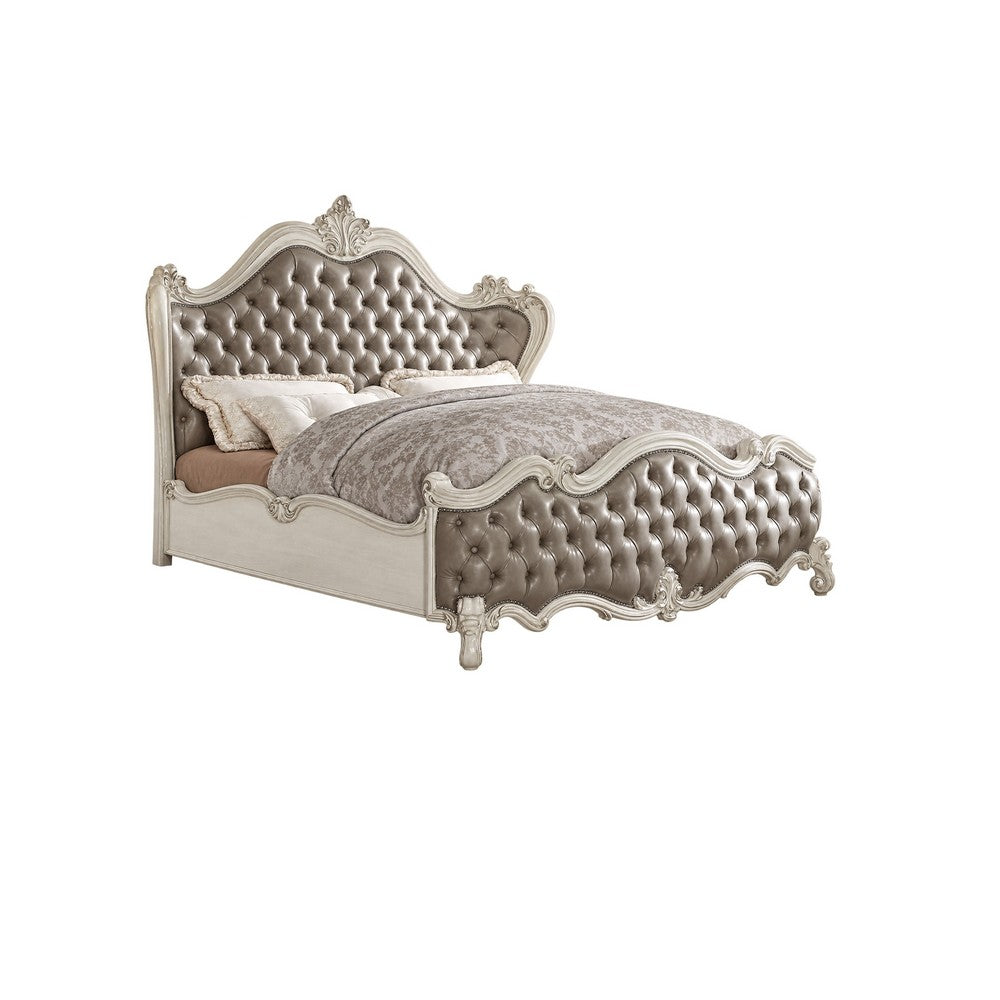 King Bedroom Set | Upholstered Design | Gray White | 3pc w 2 Nightst&s