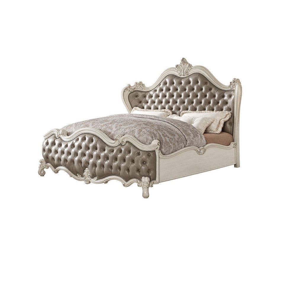 King Bedroom Set | Upholstered Design | Gray White | 3pc w 2 Nightst&s
