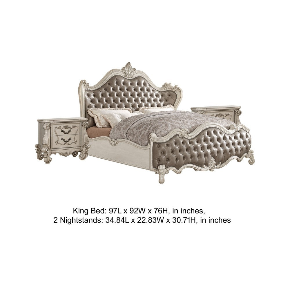 King Bedroom Set | Upholstered Design | Gray White | 3pc w 2 Nightst&s