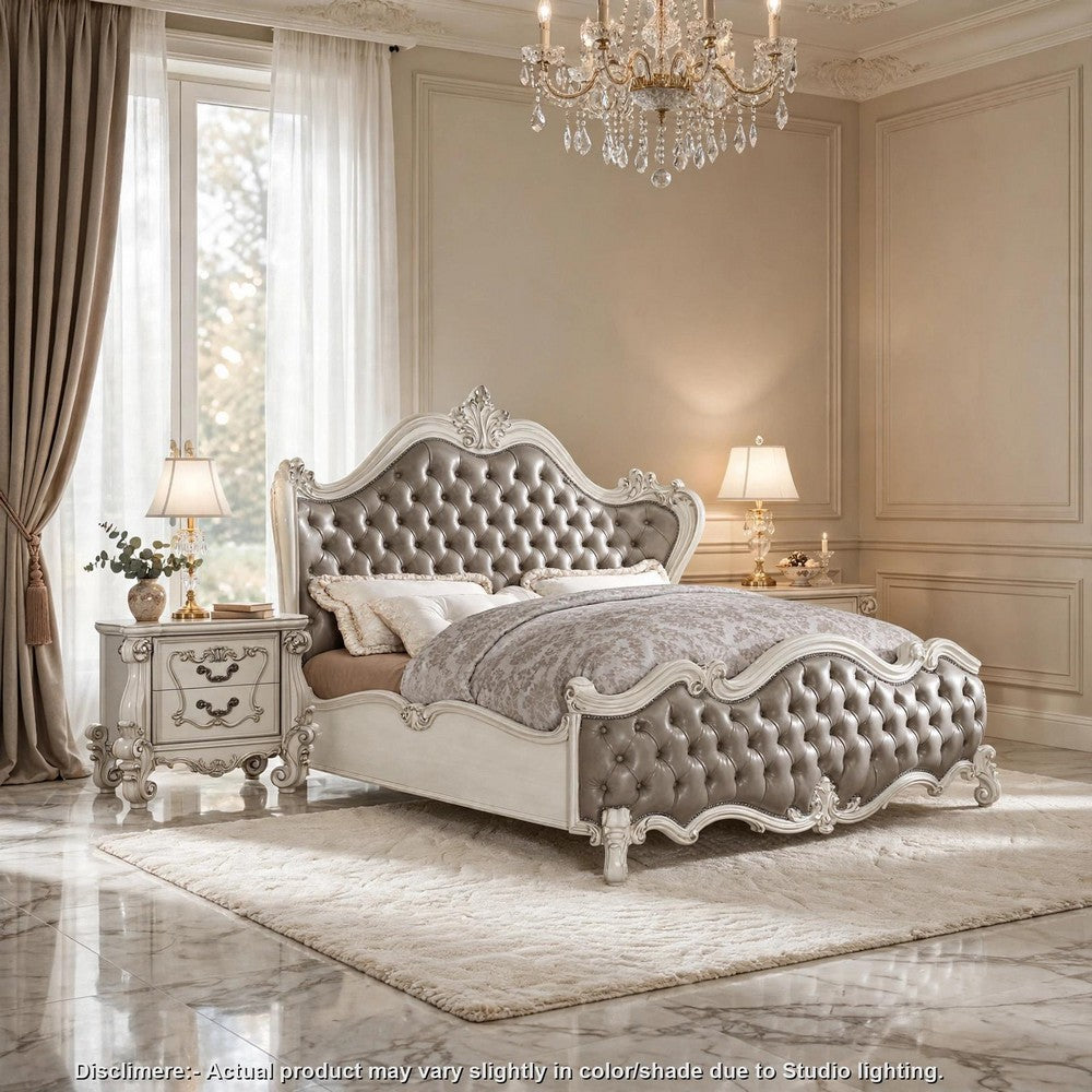 King Bedroom Set | Upholstered Design | Gray White | 3pc w 2 Nightst&s