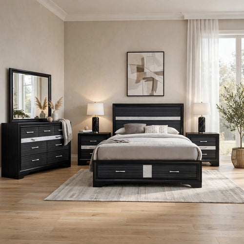 King Bedroom Set, Black Silver, 5pc w 2 Nightstands, Dresser, Mirror